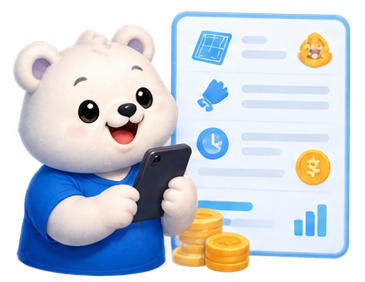 Bear checking session costs beside a stack of coins
